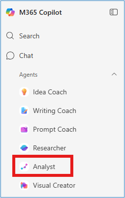 Screenshot showing Analyst selected in M365 Copilot menu.