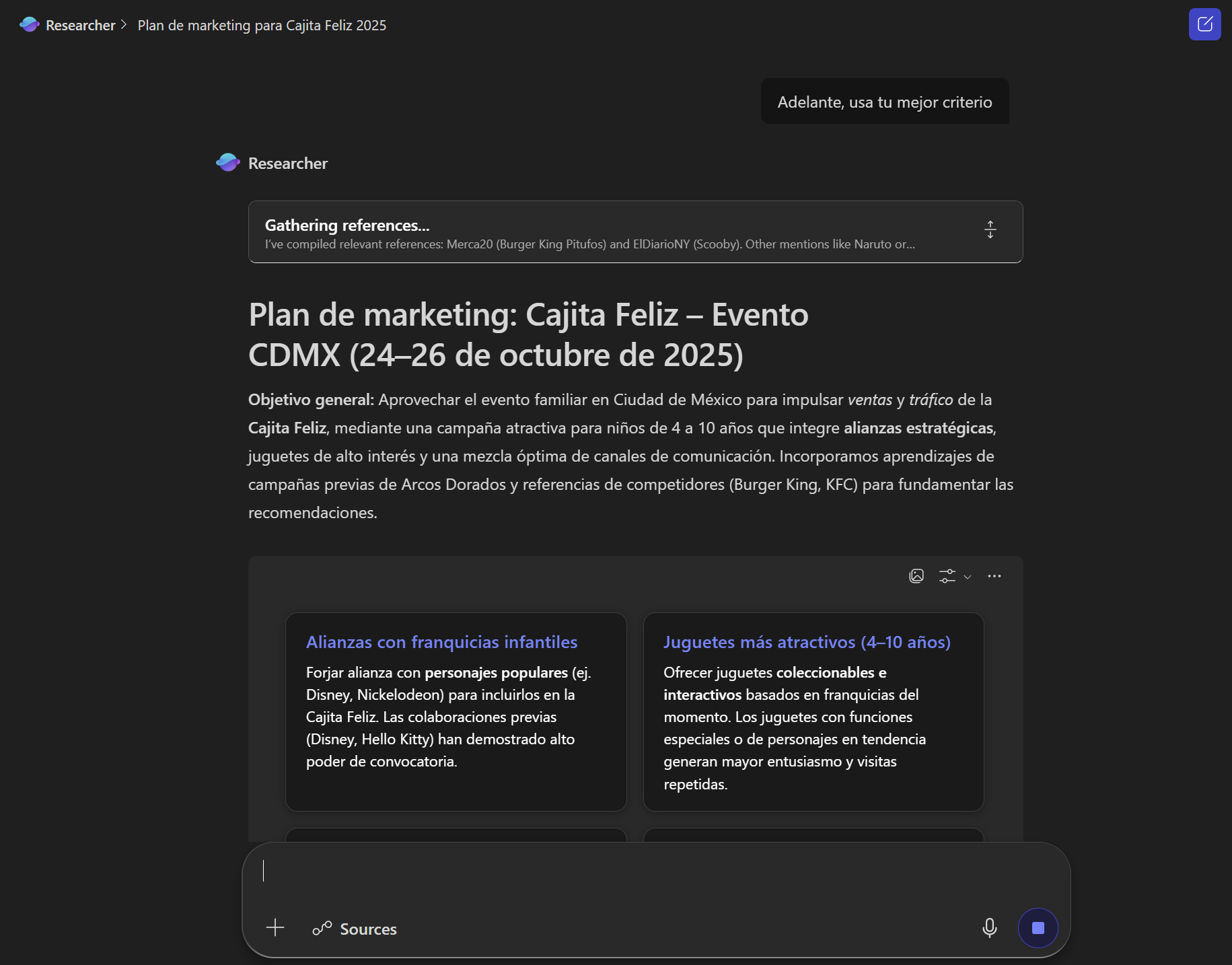 Captura de pantalla resultados del agente Researcher.