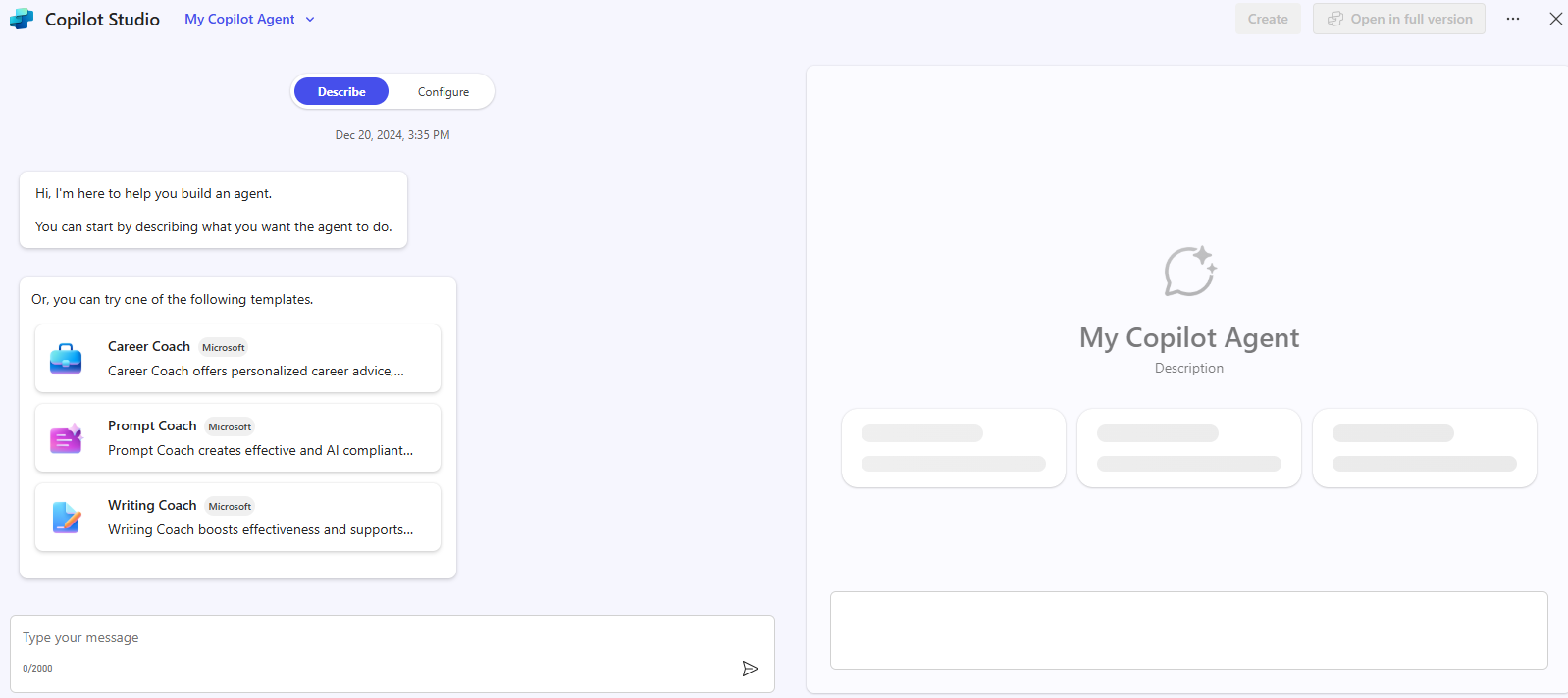 Screenshot showing describe agent with sample prompt filled in.