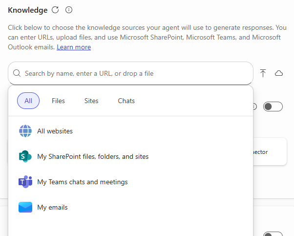 Screenshot showing knowledge sources section in agent builder.