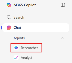 Screenshot showing Researcher selected in M365 Copilot menu.